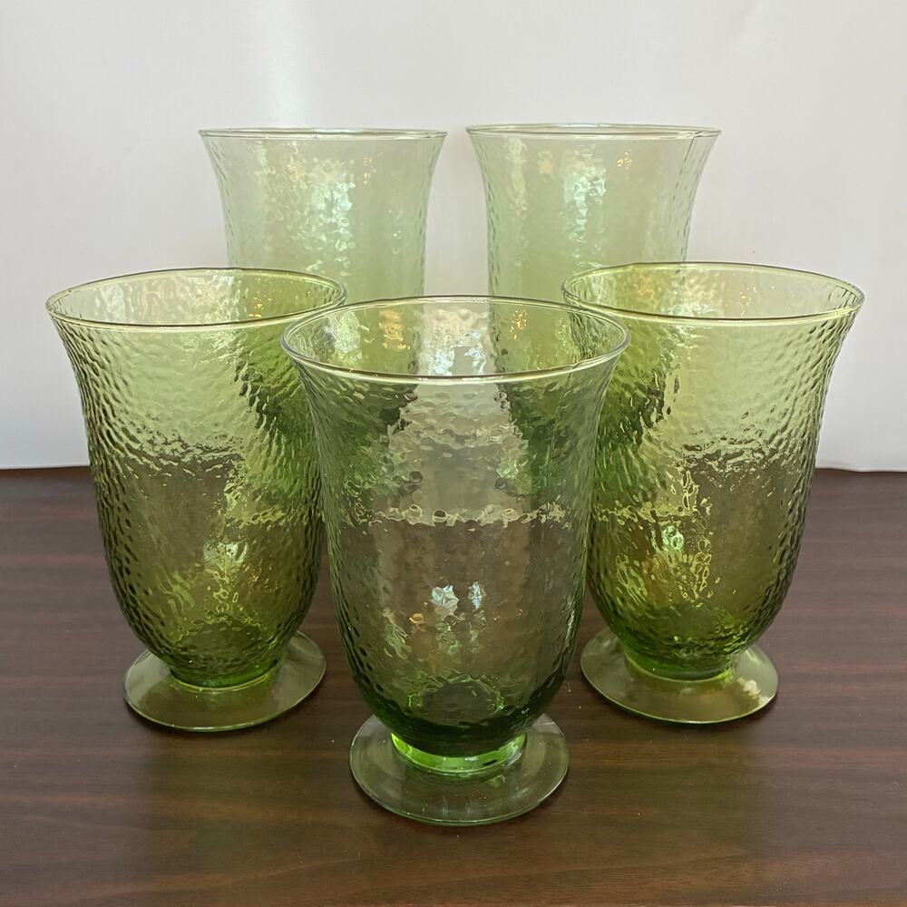 Vintage Green Hammered Glass Tumblers Set of 5 Textured Pedestal Tea Glasses
